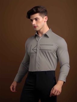 HE SPOKE - Grey Geometric Embroidered Casual Shirt