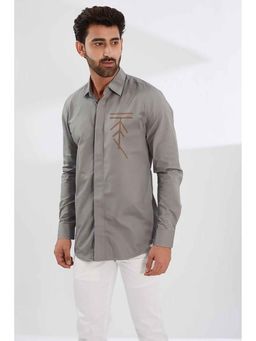 HE SPOKE - Grey Geometric Embroidered Casual Shirt
