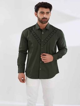 HE SPOKE - Green Geometric Embroidered Casual Shirt