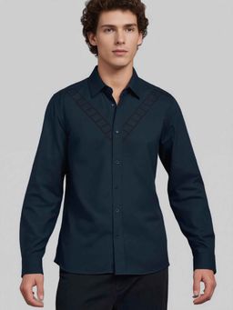 HE SPOKE - Navy Geometric Embroidered Casual Shirt