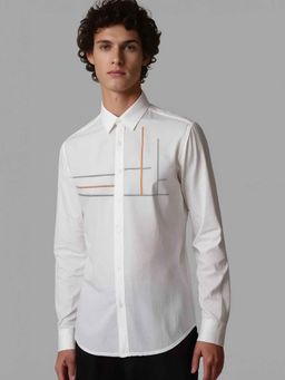 HE SPOKE - White Geometric Embroidered Casual Shirt
