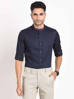 Turtle - Men Blue Solid Full Sleeve Slim Fit Cotton Stretch Party Shirt