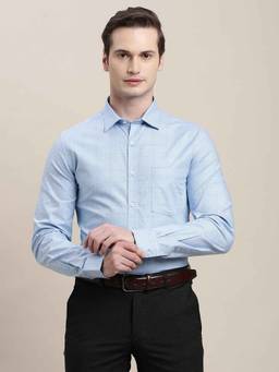 Turtle - Men Pure Cotton Regular Fit Light Blue Checkered Full Sleeve Formal Shirt