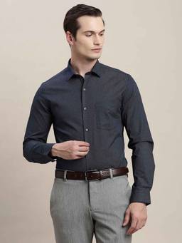 Turtle - Men Navy Blue Printed Full Sleeve Slim Fit 100% Cotton Formal Shirt