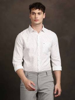 Turtle - Men White Printed Full Sleeve Slim Fit 100% Cotton Casual Shirt