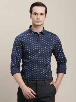Turtle - Men Blue Printed Full Sleeve Slim Fit 100% Cotton Casual Shirt