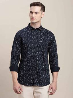 Turtle - Men Blue Printed Full Sleeve Slim Fit 100% Cotton Casual Shirt