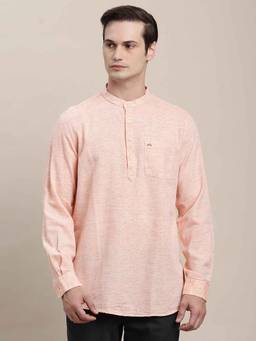 Turtle - Men Orange Self Design Full Sleeve Slim Fit Cotton Lyolin Casual Kurta Shirt
