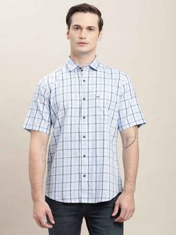 Turtle - Men Light Blue Checkered Half Sleeve Slim Fit 100% Cotton Casual Shirt