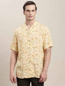 Turtle - Men Yellow Printed Half Sleeve Slim Fit Cotton Blend Casual Shirt