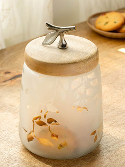 Ellementry - Twiggy Frosted Glass Jar With Wooden Lid for Kitchen Storage (Short)
