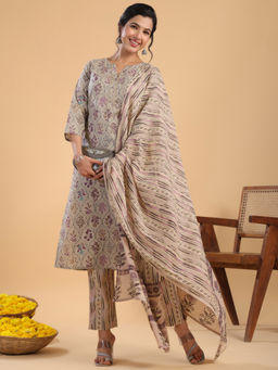 Janasya - Women Cream Cotton Floral Regular Kurta With Pant & Dupatta