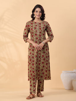 Janasya - Women Beige Cotton Floral Straight Kurta With Pant