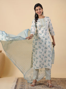 Janasya - Women Blue Cotton Floral Printed Straight Kurta With Pant & Dupatta