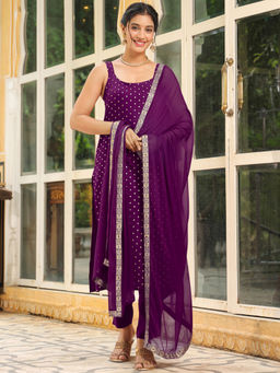 Janasya - Women Purple Rayon Foil Printed Straight Kurta With Pant & Dupatta