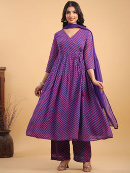 Janasya - Women Purple Georgette Striped Angrakha Kurta With Pant & Dupatta