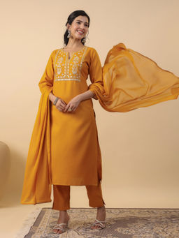 Janasya - Women Mustard Embroidered Straight Kurta With Pant & Dupatta