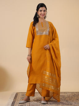 Janasya - Women Mustard Embroidered Straight Kurta With Pant & Dupatta