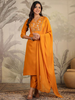 Janasya - Women Mustard Embroidered Straight Kurta With Pant & Dupatta