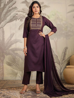 Janasya - Women Wine Cotton Blend Yoke Embroidered Straight Kurta With Pant & Dupatta