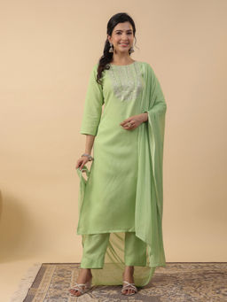 Janasya - Women Light Green Embroidered Straight Kurta With Pant & Dupatta