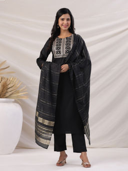 Janasya - Women Black Cotton Blend Yoke Embroidered Kurta With Pant & Dupatta