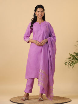 Janasya - Women Lavender Cotton Blend Solid Straight Kurta With Pant & Dupatta
