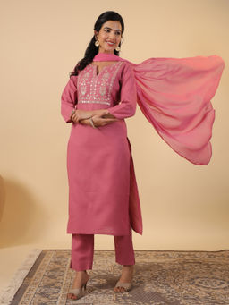 Janasya - Women Pink Cotton Blend Yoke Embroidered Straight Kurta With Pant & Dupatta