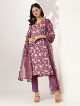 Janasya - Women Purple Rayon Floral Printed Straight Kurta With Pant & Dupatta