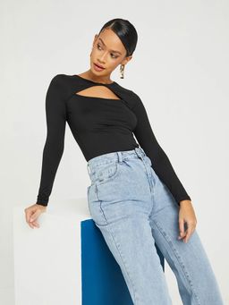 Styli - Black Long Sleeves High Neck Cut Out Detail Knit Top