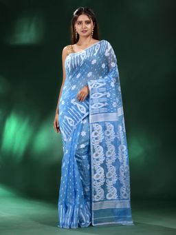 CHARUKRITI - Blue Silk Cotton Handwoven Soft Jamdani Saree without Blouse