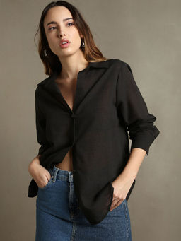DL WOMAN - Women Black Cotton Oversized Full Sleeve Shirt