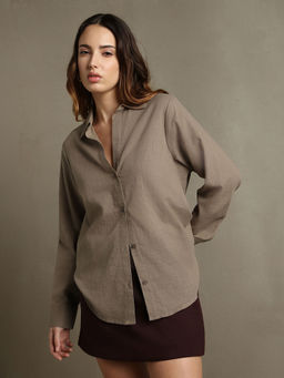 DL WOMAN - Women Brown Cotton Oversized Full Sleeve Shirt