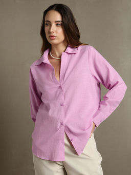 DL WOMAN - Women Lavender Cotton Oversized Full Sleeve Shirt