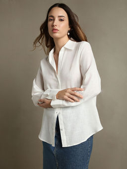 DL WOMAN - Women White Cotton Oversized Full Sleeve Shirt