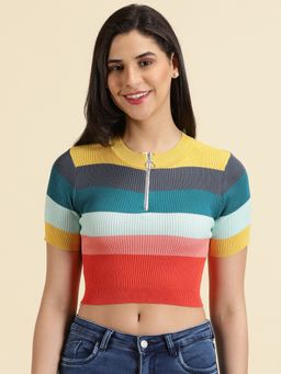 SHOWOFFFF - Womens Round Neck Colourblocked Multi Fitted Crop Top