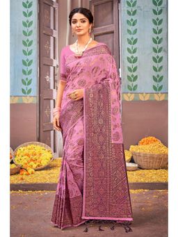 Sangam Prints - Pink Cotton Woven Zari Work Traditional Tassel Saree with Unstitched Blouse