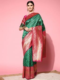 Sareemall - Womens Silk Blend Green Woven Design Designer Saree with Unstitched Blouse