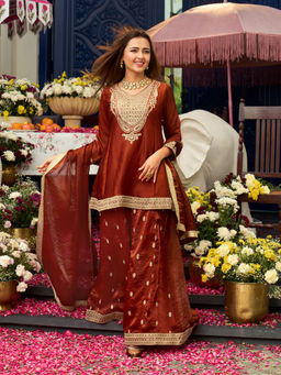 MOKOSH - Orange Embroidered Silk Kurti with Palazzo and Dupatta