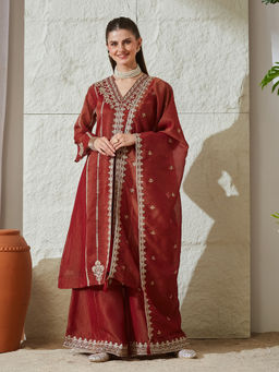 MOKOSH - Red Embroidered Silk Anarkali Kurta with Palazzo and Dupatta
