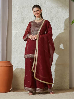 MOKOSH - Maroon Embroidered Silk Kurti with Palazzo and Dupatta