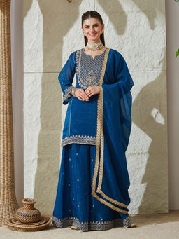 MOKOSH - Blue Embroidered Silk Kurti with Palazzo and Dupatta