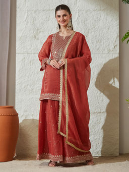 MOKOSH - Orange Embroidered Silk Kurti with Palazzo and Dupatta