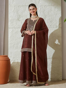 MOKOSH - Brown Embroidered Silk Kurti with Palazzo and Dupatta