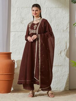 MOKOSH - Brown Embroidered Silk Anarkali Kurta with Palazzo and Dupatta
