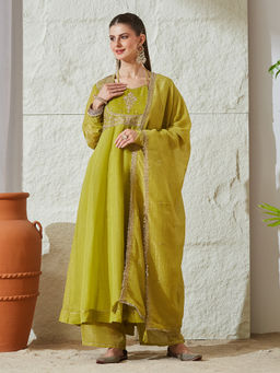 MOKOSH - Green Embroidered Silk Anarkali Kurta with Palazzo and Dupatta