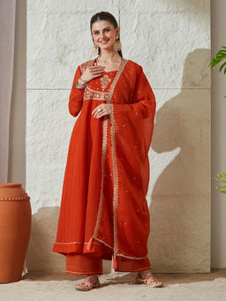 MOKOSH - Orange Embroidered Silk Anarkali Kurta with Palazzo and Dupatta