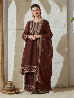 MOKOSH - Brown Embroidered Silk Anarkali Kurta with Palazzo and Dupatta