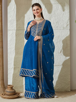 MOKOSH - Blue Embroidered Silk Anarkali Kurta with Palazzo and Dupatta