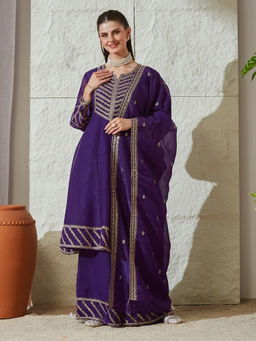 MOKOSH - Purple Embroidered Silk Anarkali Kurta with Palazzo and Dupatta